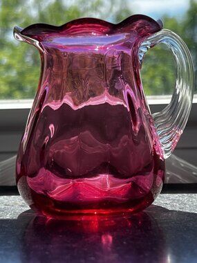 Cranberry Pilgrim Glass Mini Pitcher Ruffled Edge Hand Blown Clear Handle 5.5”